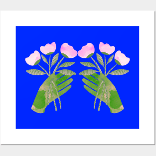 Green hands with pink flowers for you or someone you love on blue Posters and Art